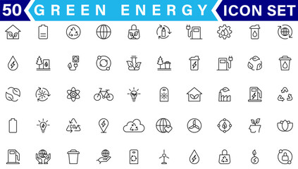 Set of green energy thin line icons. Icons for renewable energy, green technology. Design elements for you projects. Vector illustration