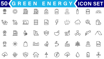 Set of green energy thin line icons. Icons for renewable energy, green technology. Design elements for you projects. Vector illustration