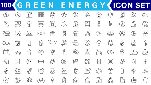 Set of green energy thin line icons. Icons for renewable energy, green technology. Design elements for you projects. Vector illustration