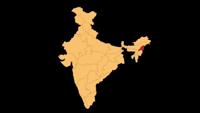 Nagaland map animated video. Nagaland location in India highlighted colour with transparent background in video format. Map animation video.