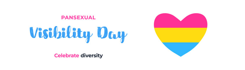 Pansexual Awareness and Visibility Day 24th May, pansexual flag in a heart shape. Pansexual Visibility Day vector banner isolated on a white background.