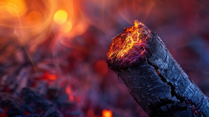 A macro shot of a burntout matchstick, showcasing ember glow remnants against a vivid background  8K , high-resolution, ultra HD,up32K HD