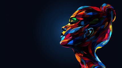 Colorful vector illustration of an athletic woman's head and shoulders silhouette made from abstract shapes and lines and multicolored flowers. The background is dark blue, without shadows. red