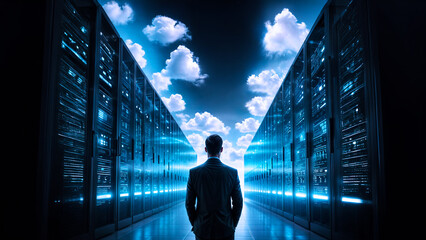 Unrecognizable man with folder standing in server room of large data center. Concept of computer engineering and big data in business. Toned image double exposure
