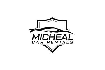 car rental logo, car detailing and car wash logo with a super car inside a shield vector outline silhouette