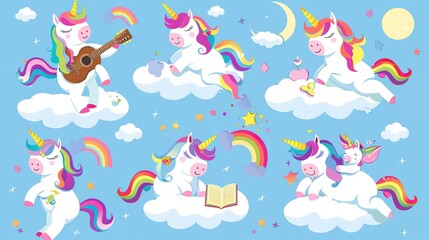 Adorable unicorns doing various activities under the starry sky, illustrations on children's fantasy themes