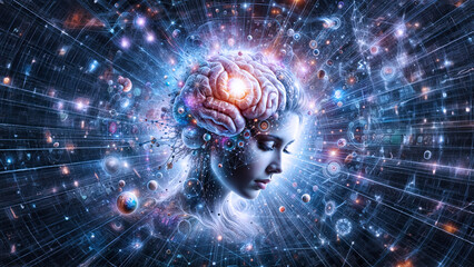 Collage of human head, molecules and various abstract elements on the subject of modern science, chemistry, physics, human and artificial minds