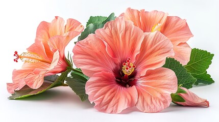A beautiful hibiscus flower in full bloom. The petals are a delicate shade of pink, with a deep red center. The leaves are a rich green, and the veins are clearly visible.