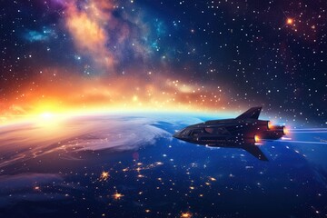 Starry Spacescape with Orbiting Spaceship, Vector Graphic