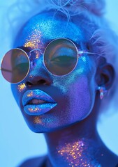 Beautiful African woman face in neon glitter with sunglasses. Banner or phone digital wallpaper with futuristic atmosphere