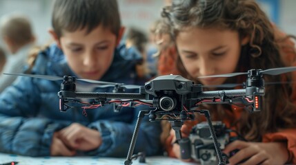 Technology fluency Young learners programming a drone in a quiet classroom, showcasing creativity and tech skills  8K , high-resolution, ultra HD,up32K HD