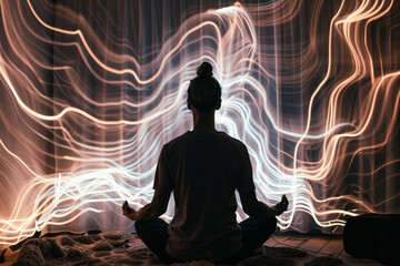 A woman sits in a lotus position in front of a light painting