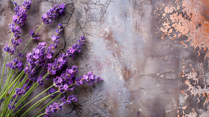 Fresh bouquet of purple lavender lies against a textured rustic background with a gradient of...