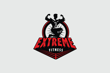 fitness, boxing and bodybuilding club badge emblem style logo vector with muscular body builder silhouette and boxing ring creatively placed