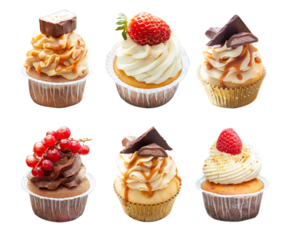 Set of chocolate, vanilla and salted caramel cupcakes with fresh berries and peanuts isolated on white background, png