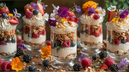 Layered parfaits present layered parfaits in tall glasses, alternating creamy layers of yogurt AI generated