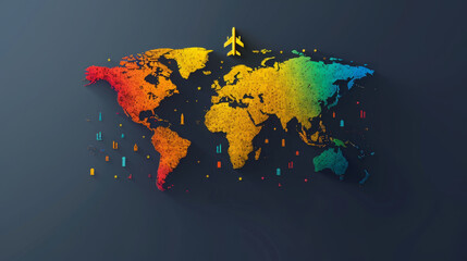 Stylized Airplane Silhouette Flying Across a Colorful Globe Against a Dark Background

