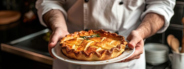 The chef makes a presentation of the dish to be served. Selective focus.