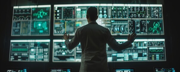 A man stands in front of multiple computer screens, analyzing data and information displayed on the screens