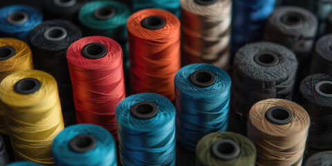 Colorful buttons and spools of thread assorted, variety of sewing accessories. Closeup background.