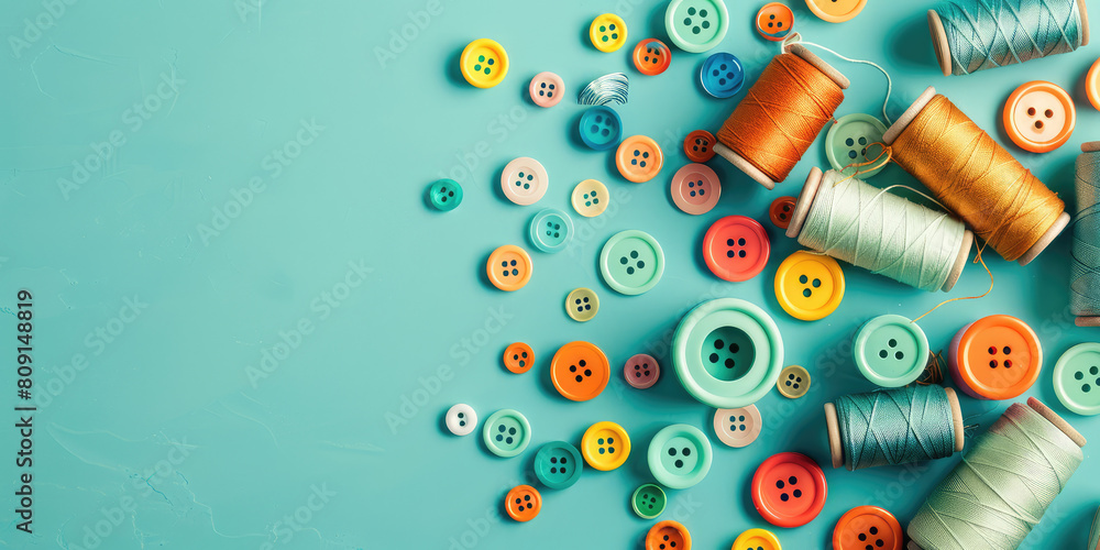 Wall mural Colorful buttons and spools of thread assorted, variety of sewing accessories. Closeup background.