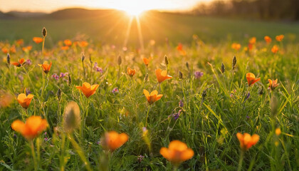 A field filled with colorful flowers under the setting suns warm glow.