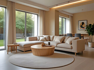 Beige-colored living room, featuring a beige sofa and with a window providing natural light in a cozy relaxation home.