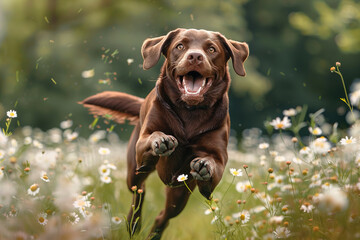 Chocolate retriever dog running in the meadow
