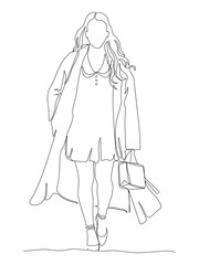 Woman with long hair holding shopping bag walking. Continuous line drawing. Black and white vector illustration in line art style.