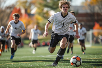 Obraz premium A young man runs and plays football in a tournament, showcasing his skills on the green stadium grass.