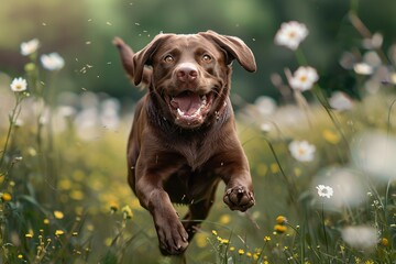 Chocolate retriever dog running in the meadow