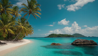 A tropical beach featuring tall palm trees swaying in the breeze, with crystal clear blue water gently lapping at the shore.