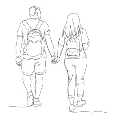 Tourists with backpacks walking away. Couple holding hands. Rear view. Continuous line drawing. Black and white vector illustration in line art style.