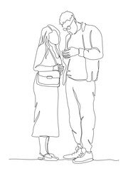 Man and woman using small size phone. Continuous line drawing. Black and white vector illustration in line art style.