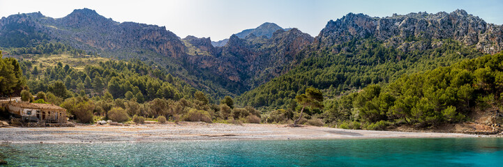 Cala Tuent cove in morning sunlight, featuring a pebble beach lined with olive trees, Serra de...