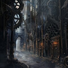 A steampunk city street with gothic architecture, gears, clocks, and cobblestone streets on a foggy day - obrazy, fototapety, plakaty