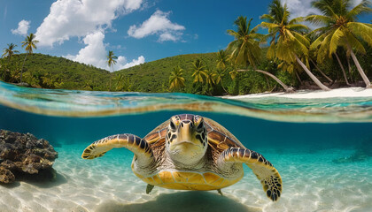 Obraz premium A turtle gracefully swims in the ocean, with lush palm trees in the background.