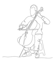 Man playing violoncel. Musician. Continuous line drawing. Black and white vector illustration in line art style. © Yulia