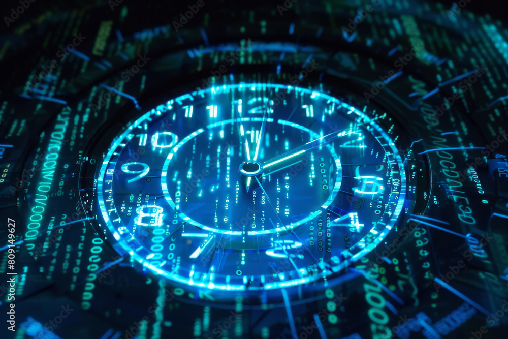 Poster a digital clock with the hands on the numbers 1 and 12