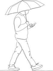 Man with umbrella walking and using phone on rainy weather. Side view. Continuous line drawing. Black and white vector illustration in line art style.