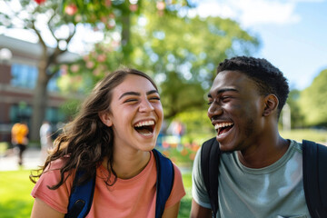 Laughing students with campus backdrop