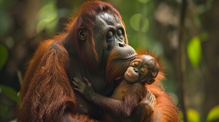 In the jungles embrace Baby orangutan kissing its mother, closeup with emotional depth, in a natural jungle setting  8K , high-resolution, ultra HD,up32K HD