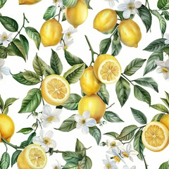 Refreshing Lemon, Green Leaves, and White Blossoms Sprinkled Across a White Background for a Vibrant Summer Design