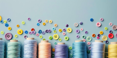 Colorful buttons and spools of thread assorted, variety of sewing accessories. Closeup background.