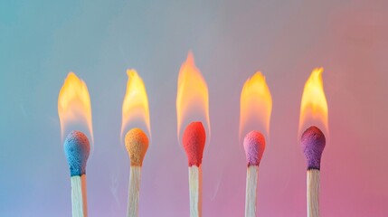 Unique and vibrant flames Six matchsticks with vivid flames on a soft pastel background, each standing out  8K , high-resolution, ultra HD,up32K HD - obrazy, fototapety, plakaty