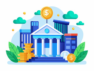 A contemporary building stands amidst stacks of coins and various icons symbolizing finance and technology, Online banking platform