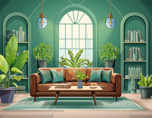 interior design green rich walls with green plants all over and a brown couch seating area