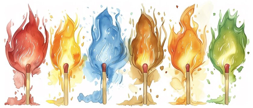 Flames of distinction Six matchsticks with vivid flames on a soft pastel background, each symbolizing uniqueness