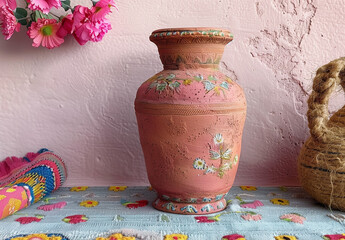 Traditional Craftsmanship: Hand-Painted Terracotta Vase on Floral Embroidered Tablecloth - obrazy, fototapety, plakaty