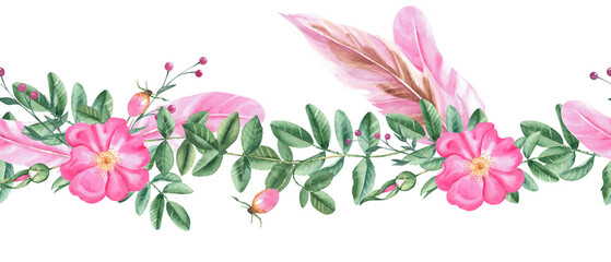 Rose hip and pink feathers horizontal watercolor seamless border pattern. Hand drawn botanical illustration. Dog rose flowers, buds, branches and berries. Can be used for fabric, textile, packaging